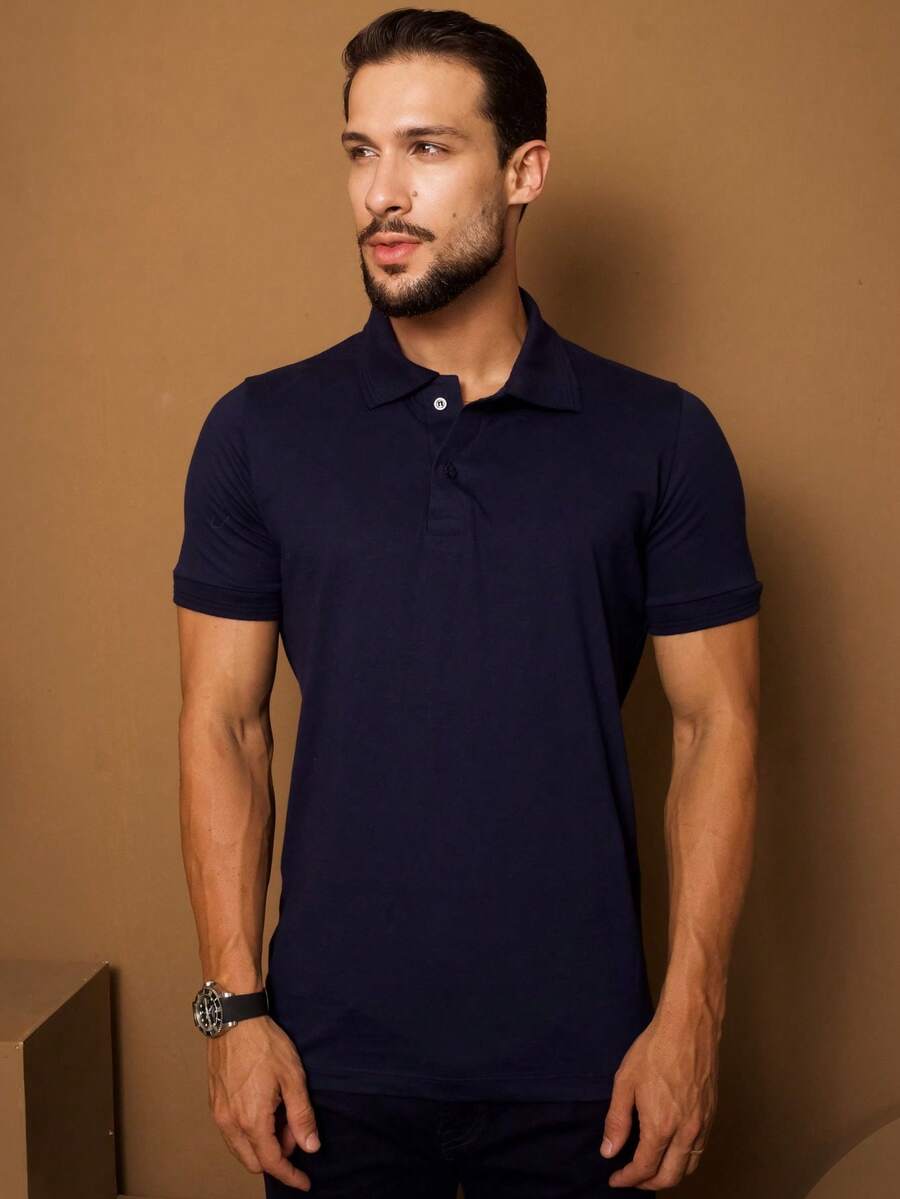 Men's Polo Shirt Premium Cotton Basic Plain Shirt Summer Men's Shirts - 藏蓝色 - 查看 1