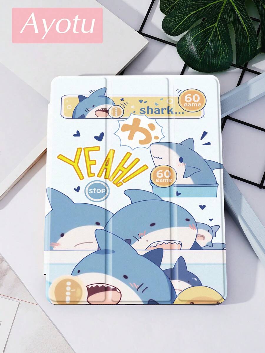 Ayotu Funda para iPad compatible con iPad de 10.2 pulgadas 2021/2020 iPad 9.ª/8.ª generación, compatible con Samsung Galaxy Tab A8 de 10.5 pulgadas 2022, compatible con Huawei Matepad 10.4/Tab, con soporte para lápiz, admite tapa con activación/suspensión automática, funda protectora de moda con un diseño de tiburón jugando a un juego