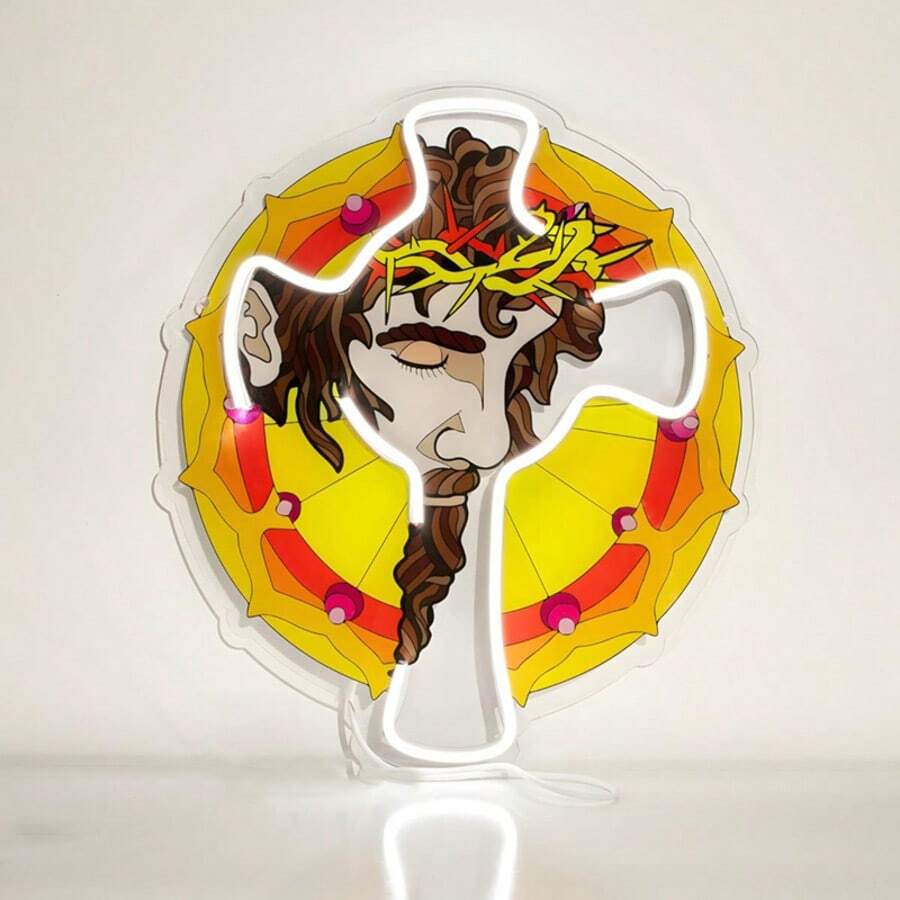 1 件霓虹灯十字标志，USB 供电，亮度可调，UV 印刷霓虹灯，墙面艺术装饰灯，适合节日礼物、家居墙面装饰、婚礼派对、复活节礼物