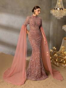 Faeriesty Faeriesty Elegant High-Neck Evening Gown With Sheer Chiffon Sleeves, Thigh Slit & Mermaid Train - Structured Formal Dress For Red-Carpet Galas, Luxury Weddings, Black-Tie Events, Award Ceremonies, And Gala Dinners