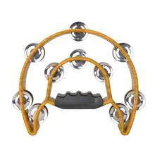 Double Row Jingles, Half Moon Musical Tambourine Double Row Handbell Tambourine Metal Jingles With Ergonomic Grip Percussion Instrument For KTV Party Church, Imitation Wood Color - 咖啡棕 - 查看 9