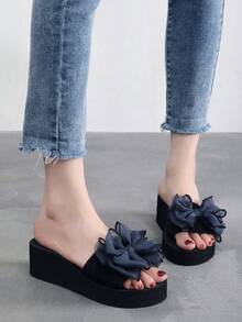 Women's Solid Color Sandals, Bowknot Decor Slip On Platform Beach Slides, Non-Slip Vacation Wedge Slides - Blue - View 7