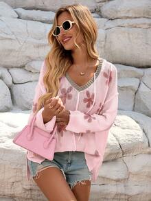 Plus Size Casual Loose Floral Print Hooded Pullover Sweater, For Winter - Pink - View 5