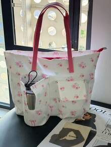 Nuevo bolso estilo coreano para botellas de agua, con estampado de fresa y floral de gran capacidad y multifuncional, bolso de hombro casual para ir al trabajo, adecuado para uso diario, viajes y transporte, puede contener una botella de agua y un teléfono