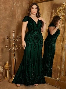 UNITHORSE Plus Size Women Deep V-Neck Backless Sequin Embellished Cocktail Party Dress With Caped Sleeves - Màu xanh lá cây đậm - Xem 4