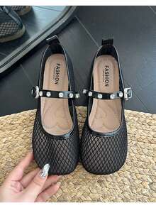 2025 Summer New Round Toe Niche Fishnet Hollow Ballet Flats For Women, Leather Buckle Mary Jane Shoes, Solid Color Punk Cute Buckle Ladies Fashion Flat Shoes For Holiday, Wedding, Party, Office, Indoor & Outdoor, Spring & Autumn