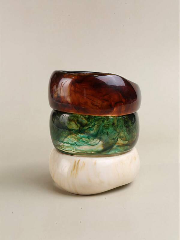 1-3pcs Vintage Exaggerated Wide Geometric Oval Tie Dye Resin Bangle Bracelet, Suitable For Daily, Casual, Date, Holiday, Party, Beach, Boho Style (Please Check The Size Carefully Before Ordering, The Bracelet Diameter Is Between 62-65mm, No Returns For Incorrect Size)