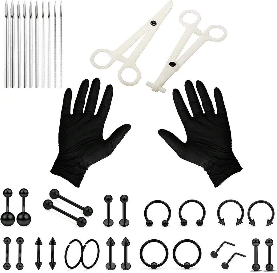 Piercing Kit 316L Surgical Steel Body Jewelry Piercing Kit With 12G 14G 16G 18G 20G Piercing Needles Use For Nose Septum Lip Tongue Belly Eyebrow Rings Ear Piercing Kit Silver Black Rainbow - Black - View 1