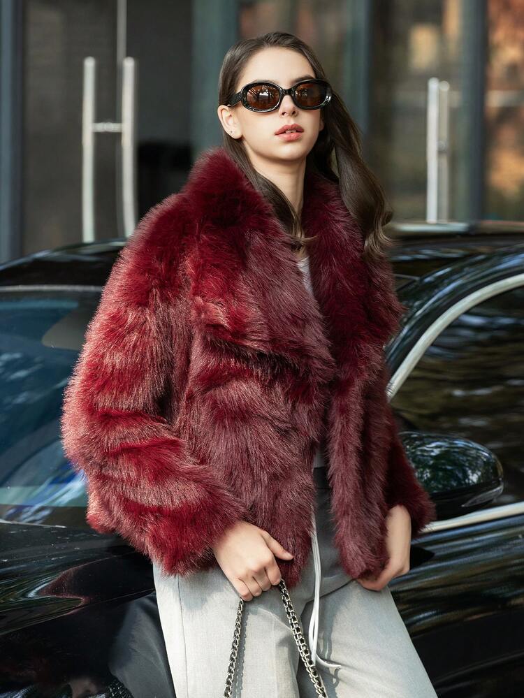 Women's Faux Fur Coat, Elegant Solid Color Lapel Long Sleeve