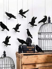 9 件黑乌鸦鸟笼花环横幅，闪闪发光的黑乌鸦装饰吊坠，哥特式渡鸦挂饰，带有悬挂乌鸦的怪异万圣节派对装饰，恐怖装饰拉横幅，非常适合家庭或活动恐怖道具，鬼节气氛装饰道具，派对聚会 - 黑色 - 查看 3