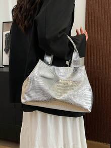 2025新款大容量手提包，亮面简约女士时尚百搭通勤托特包 - 銀色 - 查看 7