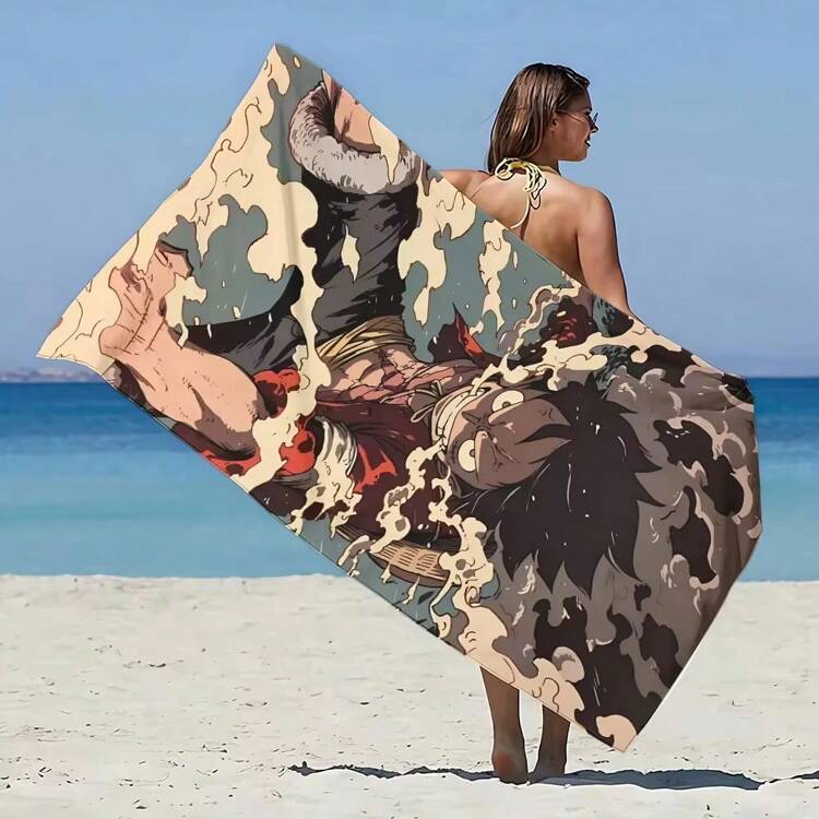 1条动漫印花五档沙滩巾，超柔软微纤维材质，防沙速干，泳池毛巾，女士旅行健身淋浴露营礼物 - 彩色 - 查看 17