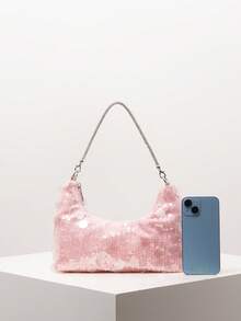 Shiny Sequin Shoulder Bag, Sequin Bag, Bridal Party, Premium Style Ladies Handbag, Prom Bag, Prom Accessories, Elegant Women's Bag, Wedding Items, Sparkling Prom Wallet (Pattern Random) , Pink - Pink - View 3