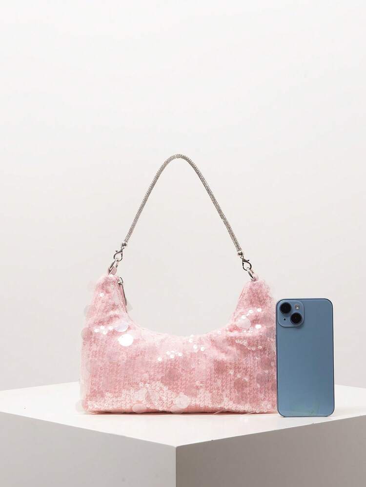 Shiny Sequin Shoulder Bag, Sequin Bag, Bridal Party, Premium Style Ladies Handbag, Prom Bag, Prom Accessories, Elegant Women's Bag, Wedding Items, Sparkling Prom Wallet (Pattern Random) , Pink , Beach, Summer Outfits - Pink - View 3