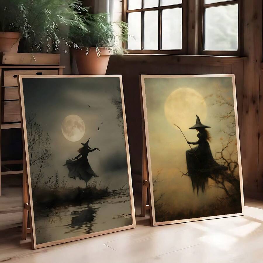 1 件复古万圣节女巫艺术海报，黑暗学院恐怖女巫帆布画，防水帆布墙艺术，艺术墙画，可作为礼物，可作为客厅、卧室、浴室、办公室、走廊、厨房装饰、房间装饰、家居装饰的装饰品（可选框架） - 彩色 - 查看 1