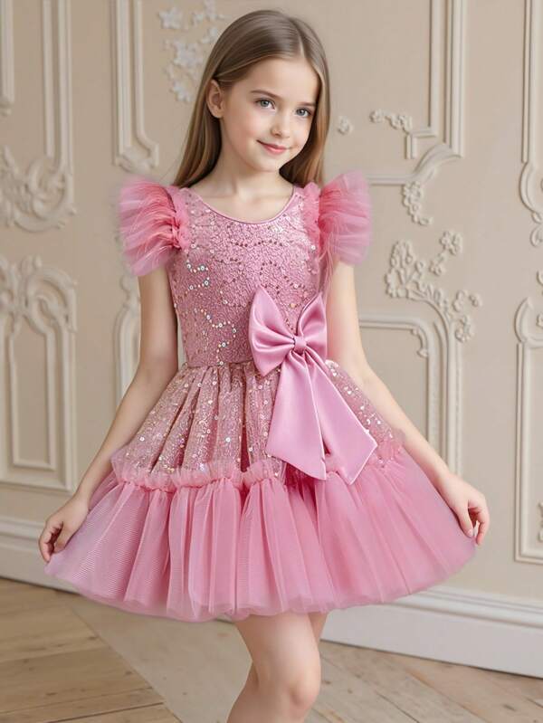 Vestito in tulle senza maniche per ragazze, tessuto con paillettes e rete, maniche decorate con piume, adatto per occasioni come feste, eventi formali, matrimoni, battesimi, cerimonie e compleanni, misure per bambine dai 4 agli 8 anni, abito estivo, outfit per fotografia, abbigliamento per bambine, stile occidentale per giovani ragazze, abito da compleanno, outfit da battesimo