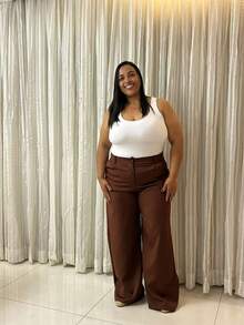 Tailored Wide Leg Trousers Plus Size 46-52 With Pocket, Zipper And Button Closure 8819 - Rust Brown - View 1