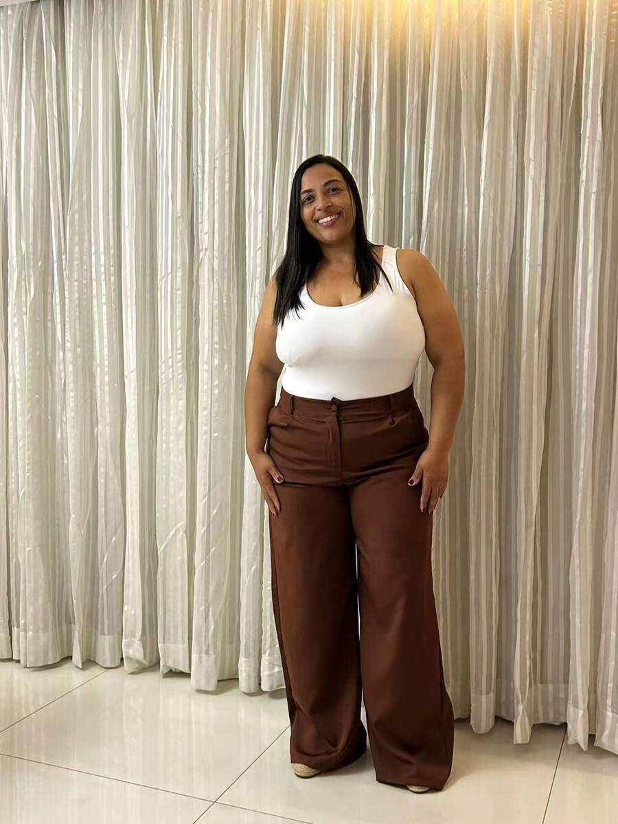 Tailored Wide Leg Trousers Plus Size 46-52 With Pocket, Zipper And Button Closure 8819 - Rust Brown - View 1