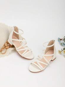 1 双夏季新款时尚高跟公主凉鞋，适合小女孩，学生舞蹈表演鞋，花朵和珍珠装饰罗马高跟鞋，适合婚礼、派对、日常穿着 - 白色 - 查看 2