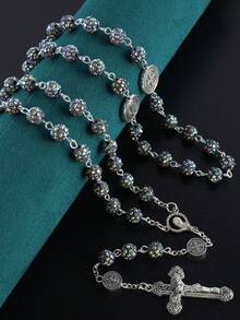 GO2CJBEADS 1件复古经典多色53颗8毫米水晶珠天主教十字架项链，男女通用个性化手工天主教祈祷念珠首饰，礼品