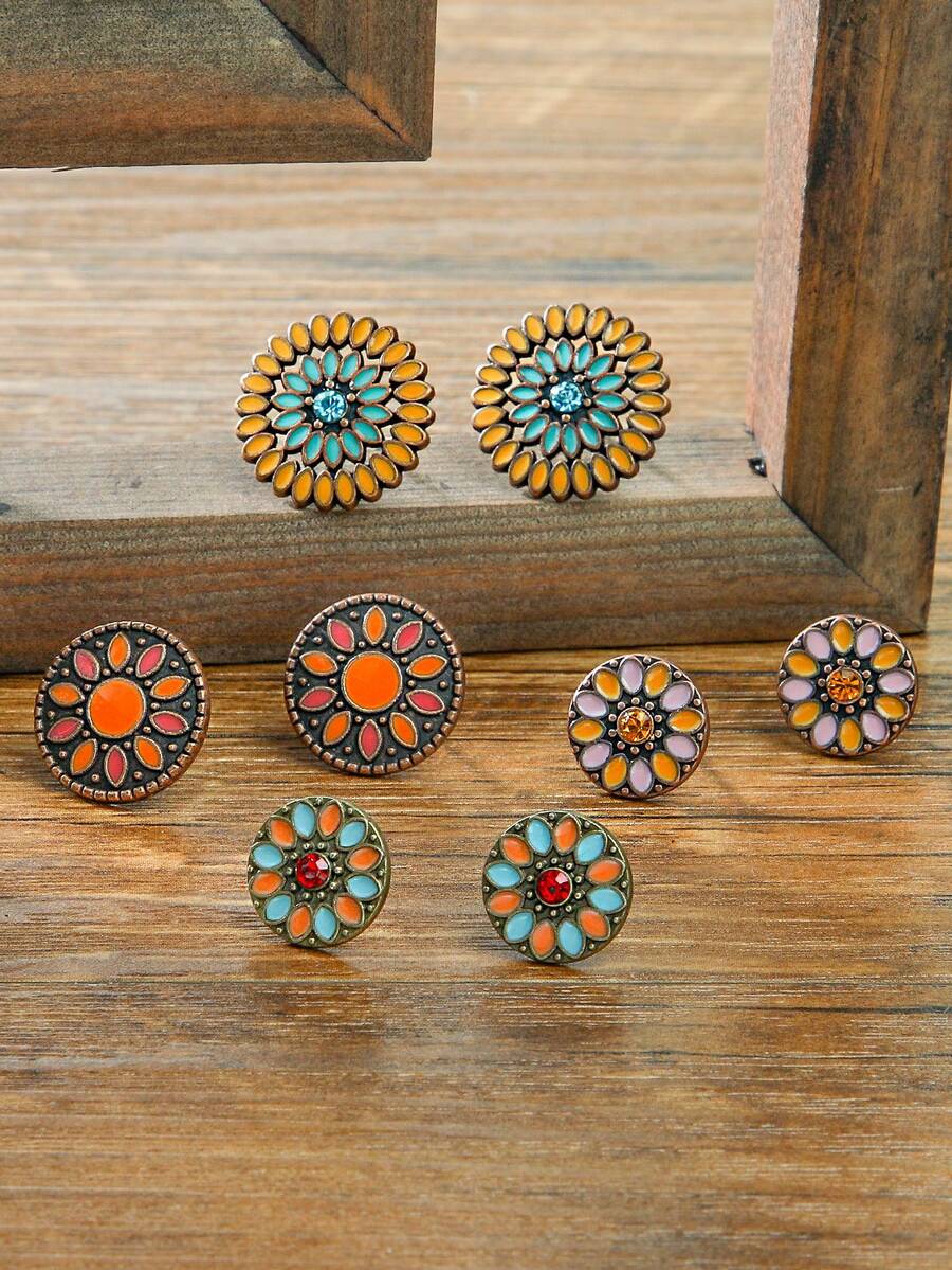 4 对复古风格银色、古铜色金属花朵珐琅水钻装饰圆形耳钉套装，适合女士日常、工作、休闲装和表演 - 彩色 - 查看 1