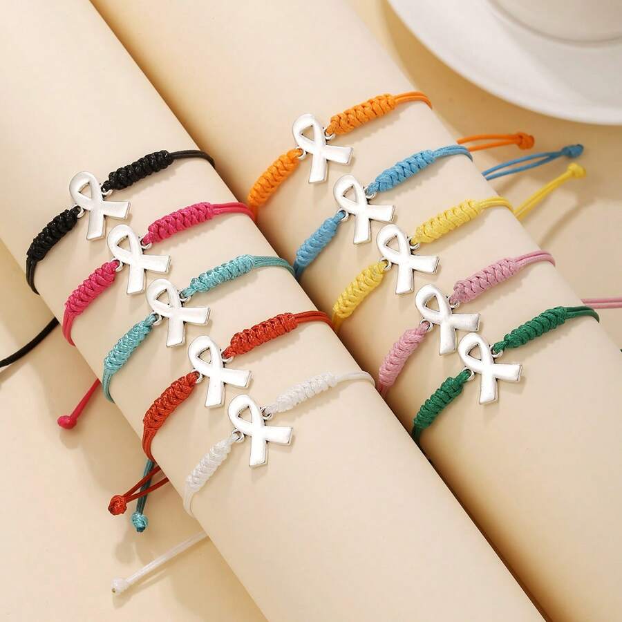 10pcs/Set Woven Wax Cord Adjustable Breast Cancer Awareness Bracelets, Handmade Braided Rope Bracelet With Metal Alloy Charms, Support Breast Health