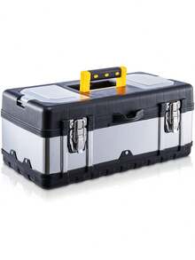 Heavy-Duty Stainless Steel Toolbox With Removable Tray And Dual Latch - Ideal For Tool Storage And Organization - Black - View 1