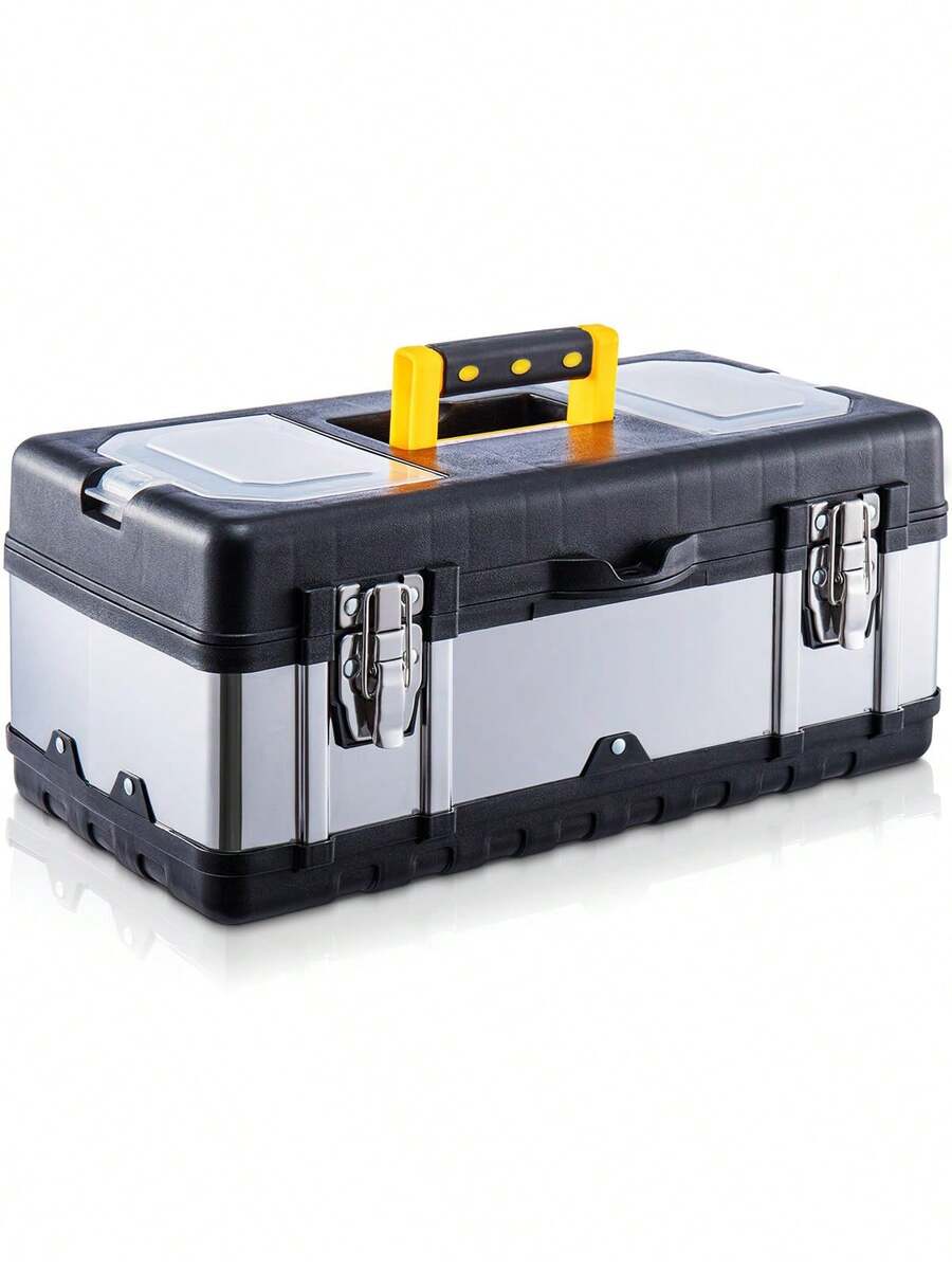 Heavy-Duty Stainless Steel Toolbox With Removable Tray And Dual Latch - Ideal For Tool Storage And Organization - Black - View 1