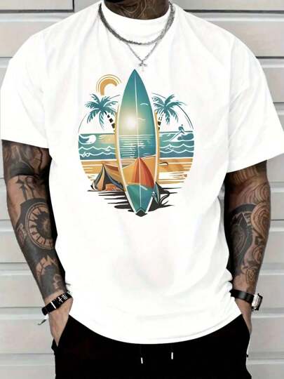 Men's Cotton Casual T-Shirt, Men's Tropical Surf Graphic T-Shirt - Beach Vacation Tee With Palm Trees And Surfboard Design
