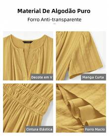 Women's V-Neck Cotton Midi Dress With Pocket - Màu vàng - Xem 6