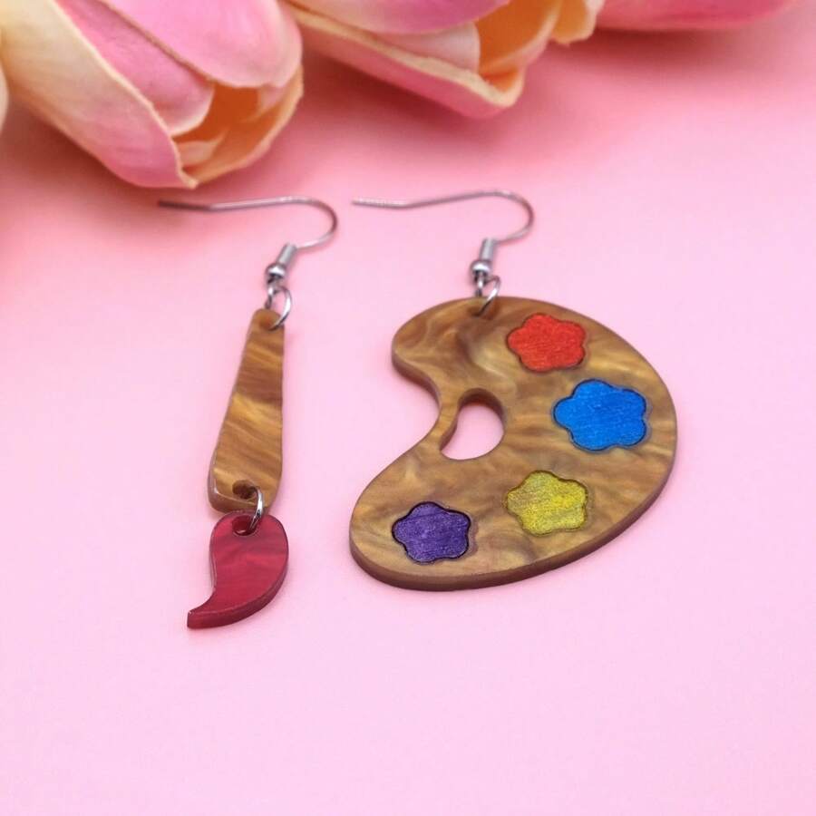 1 par de pendientes de diseño de pincel de paleta de papelería, adecuados como regalos de fiesta para mejores amigas