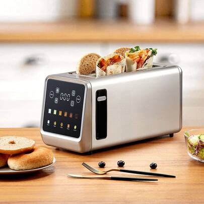 Tostapane in acciaio inox a fessura lunga con touchscreen intelligente e funzione di memoria, tostapane a 4 fette con 6 livelli di doratura e 5 modalità di cottura, funzione di scongelamento e riscaldamento, tecnologia a fessura singola.