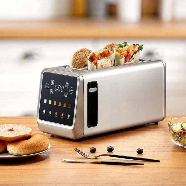 Tostapane in acciaio inox a fessura lunga con touchscreen intelligente e funzione di memoria, tostapane a 4 fette con 6 livelli di doratura e 5 modalità di cottura, funzione di scongelamento e riscaldamento, tecnologia a fessura singola.