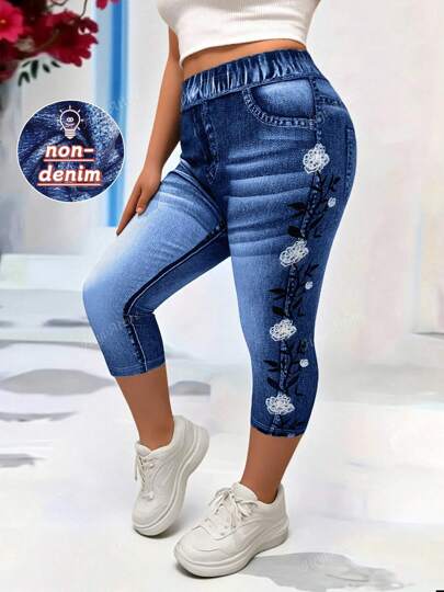 Plus Size Women High Elasticity Tight Leggings, Faux Denim With Floral Print Side Design, Casual Comfortable Stretchy Capri Pants, Suitable For Workout Or Outdoor Wear