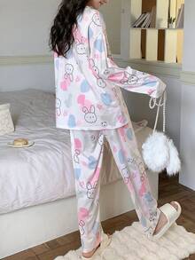 AICJ 2pcs/Set Women Cartoon Bear Print Casual Pajama Set, Long Sleeve Round Neck Top And Long Pants, Comfortable Loose Fit, Suitable For Spring,Autumn,Winter Home Wear, Fall Clothes