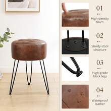 Reddish Brown Vanity Stool Chair For Makeup Room, Tufted Faux Leather Stool For Vanity, 19 Inch Height, Vanity Chair Stool With Metal Legs, Modern Foot Stool Ottoman For Bedroom, Living Room - Red - View 7