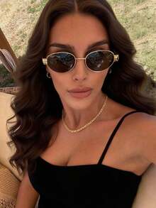 一副男女通用椭圆形金属框时尚眼镜，休闲眼镜，适合日常通勤、海滩、街头摄影 - 黑灰 - 查看 7