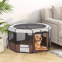 Dog Playpen 55" Portable Pet Play Pens For Medium Large Dogs, Foldable Exercise Kennel Tent Crate Indoor/Outdoor Travel Camping, Removable Top/Bottom (55"X55"X30"), 8 - Rust Brown - View 7