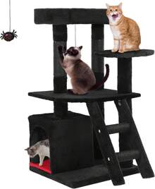 Gothic Cat Tree With Scratching Post, 32.6" Goth Cat Tower With Coffin Bed, Soft Cushion Platform, Spider Hanging Ball, Cozy Condo, Pet Furniture Climbing Tower For Indoor Cats, Black