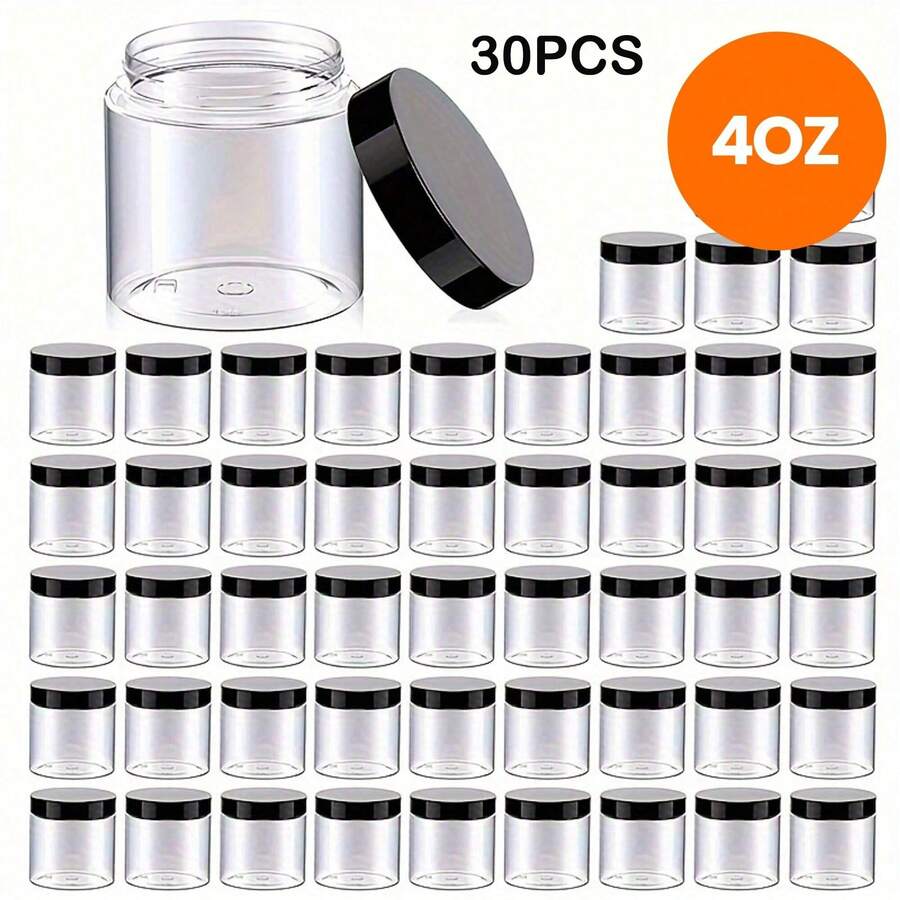 30 Pack 4 OZ Plastic Jars Round Clear Cosmetic Container With Black Lids, Slime Jars For Lotion, Cream, Ointments, Makeup, Eye Shadow, Rhinestone, Samples, Pot, Travel Storage
