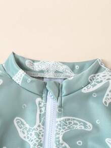Traje de baño de una pieza para bebés/recién nacidos niños con estampado digital de estrella de mar, cuello redondo, manga larga y cierre delantero para vacaciones informales - Verde - Ver 3