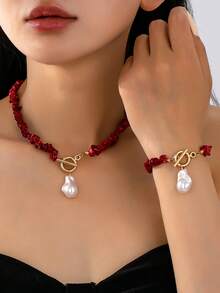 Women's Jewelry Set With Turquoise Fragments And Imitation Baroque Pearls, Includes 2pcs Simple Alloy Fashion Accessories, Necklace And Bracelet Set, Suitable For Everyday Wear - Red and White - View 2