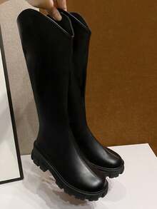 V-Cut Non-Knee High Black Boots For Women, 2025 Autumn/Winter New Round Toe Thick Sole Back Zipper Increased Height Fashion Boots - Black - View 3