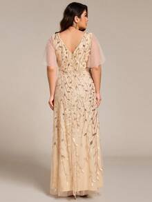 优雅闪亮V领短袖高开衩金色晚礼服、伴娘礼服、派对礼服、新娘母亲礼服 - 金色 - 查看 2