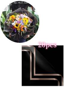20 pièces Papier d'emballage floral avec bordure dorée, 57 cm x 57 cm Papier d'emballage étanche à fleurs pour fleuriste, bouquet, rose, artisanat DIY, Saint-Valentin, mariage, fête des mères, anniversaire (Plusieurs couleurs disponibles : noir, rose, blanc, violet, etc.)