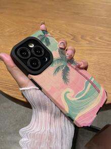 1 Stück süßer rosa & grüner Wellen & Palmen gestreifter Kunstleder schockfester weicher Handyhülle kompatibel mit iPhone 16/16 Plus/16 Pro/16 Pro Max