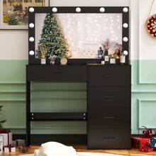 INS Style Premium Black Scandinavian-Luxurious Solid Wood LED Make-Up Mirror Table | One Piece Workstation + Large Drawer Storage | Girly Princess Make-Up Area | In Stock | Fast Delivery