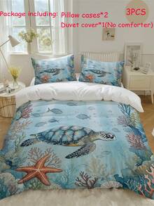 3 pièces Ensemble de housse de couette imprimé tortue marine, étoile de mer, corail océan (1 housse de couette + 2 taies d'oreiller, insert de couette non inclus), thème océan, apaisant la fatigue visuelle, convient pour toutes les saisons, idéal pour la décoration de literie d'hôtel, chambre, chambre d'amis et dortoir - Multicolore - Voir 1
