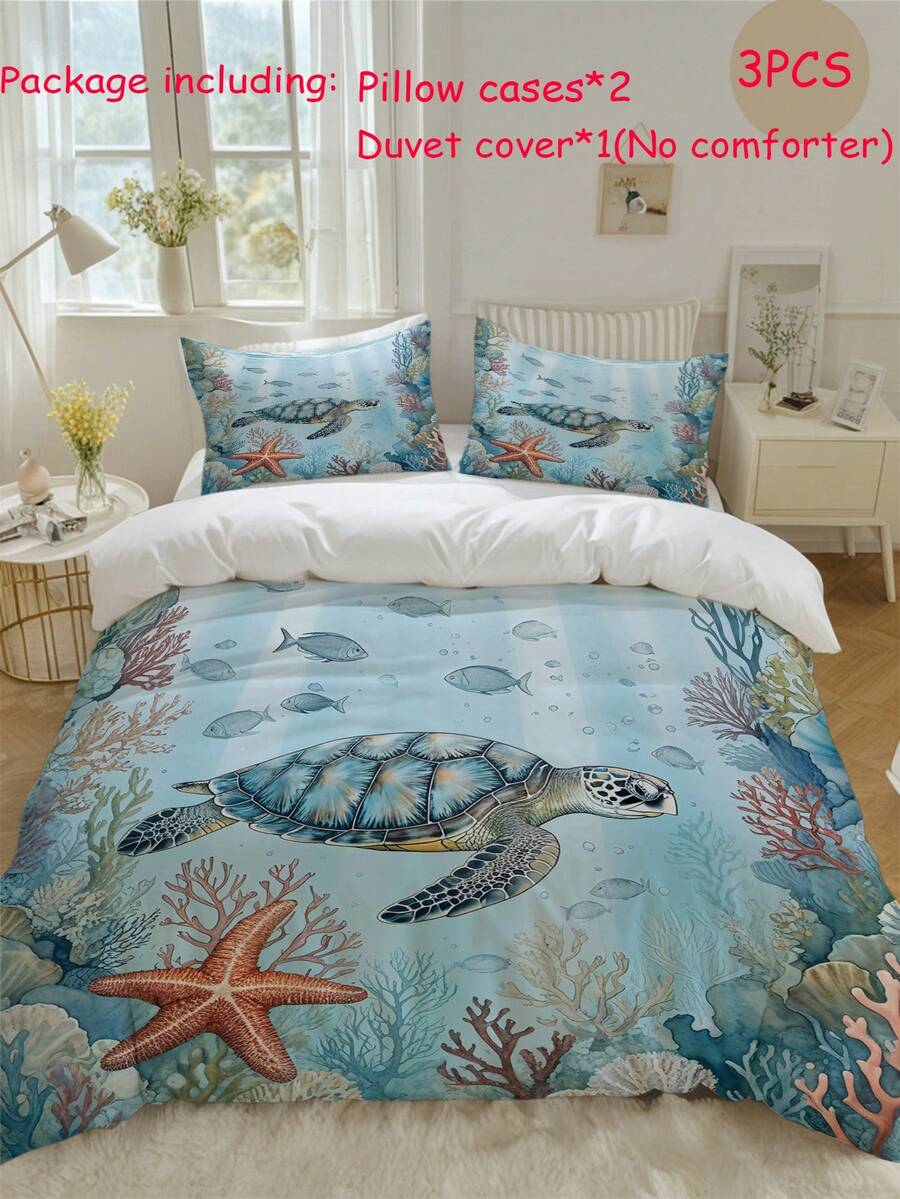 3 pièces Ensemble de housse de couette imprimé tortue marine, étoile de mer, corail océan (1 housse de couette + 2 taies d'oreiller, insert de couette non inclus), thème océan, apaisant la fatigue visuelle, convient pour toutes les saisons, idéal pour la décoration de literie d'hôtel, chambre, chambre d'amis et dortoir - Multicolore - Voir 1
