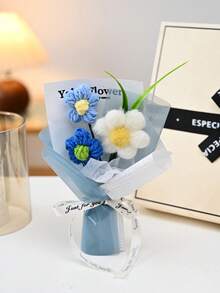 1 Set Artificial Flower Bouquet, Includes Wrapping Paper, 3 Crocheted Yarn Flowers, Suitable As Birthday Or Anniversary Gift For Teachers, Mothers, Best Friends, Women, Mother's Day, Valentine's Day, Wedding Memento, Holiday Party Home Decor, Christmas Gift, Can Be Used For Home, Dining Table, Bedroom, Bathroom, Desk Decoration. - Multicolor - View 4